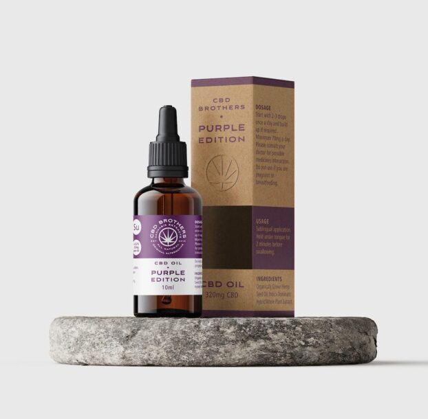 Premium CBD Brothers purple edition CBD oil bottle and packaging on circular plinth