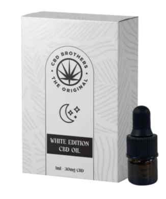 CBD Brothers CBD Oil White Edition 30mg – Indica bottle and packaging on white background