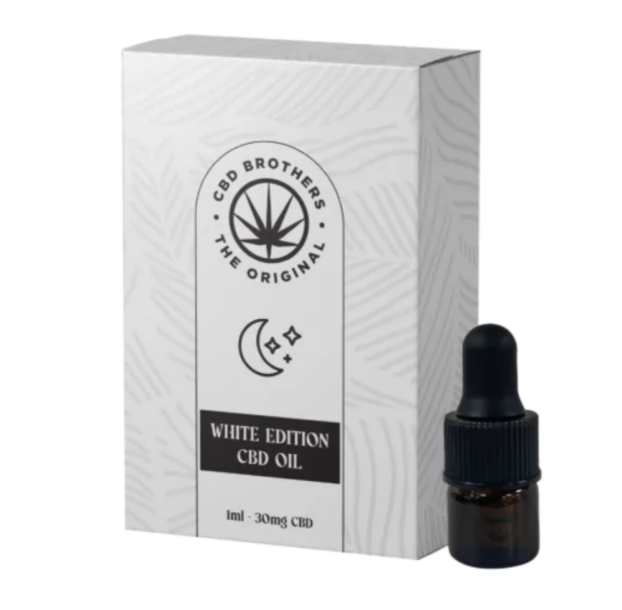 CBD Brothers CBD Oil White Edition 30mg – Indica bottle and packaging on white background