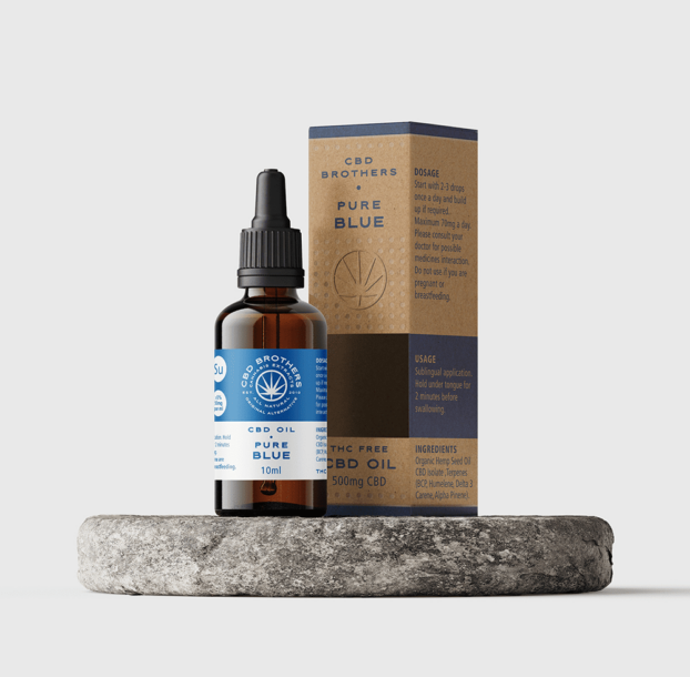 Premium CBD Brothers pure blue CBD oil bottle and packaging on circular plinth