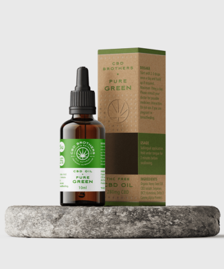 Premium CBD Brothers pure green CBD oil bottle and packaging on circular plinth