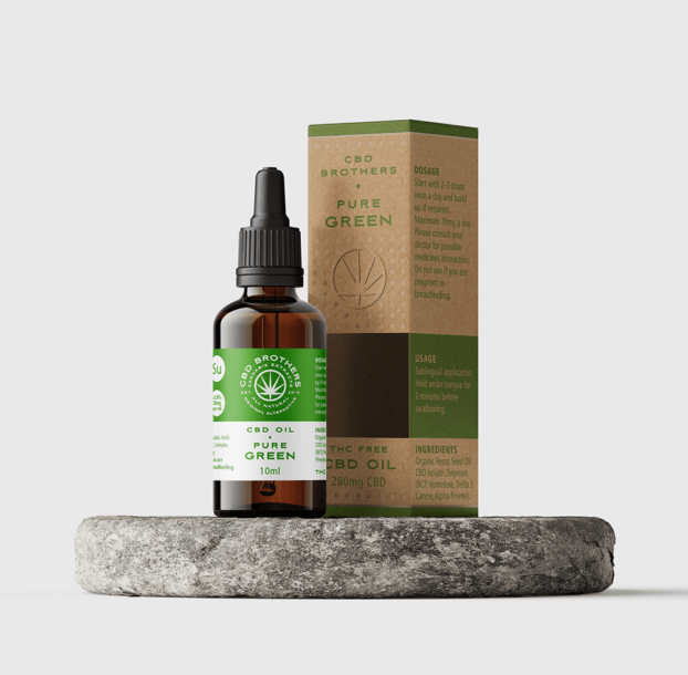 Premium CBD Brothers pure green CBD oil bottle and packaging on circular plinth