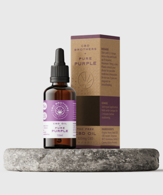 Premium CBD Brothers pure purple CBD oil bottle and packaging on circular plinth