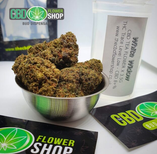 The CBD Flower Shop White Widow CBD Flowers in small metal bowl