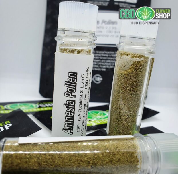 CBD Tea Pollen in three clear plastic tubes