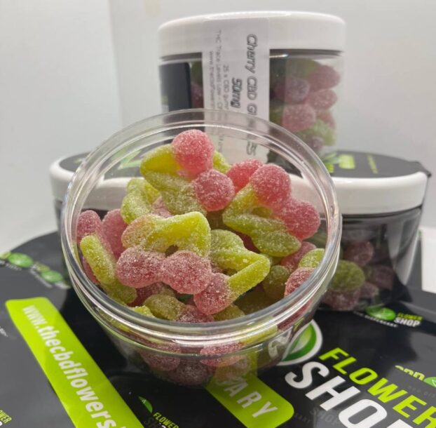pot of cherry CBD gummies