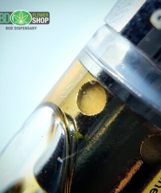 Close up of CBD vape cartridge with oil inside