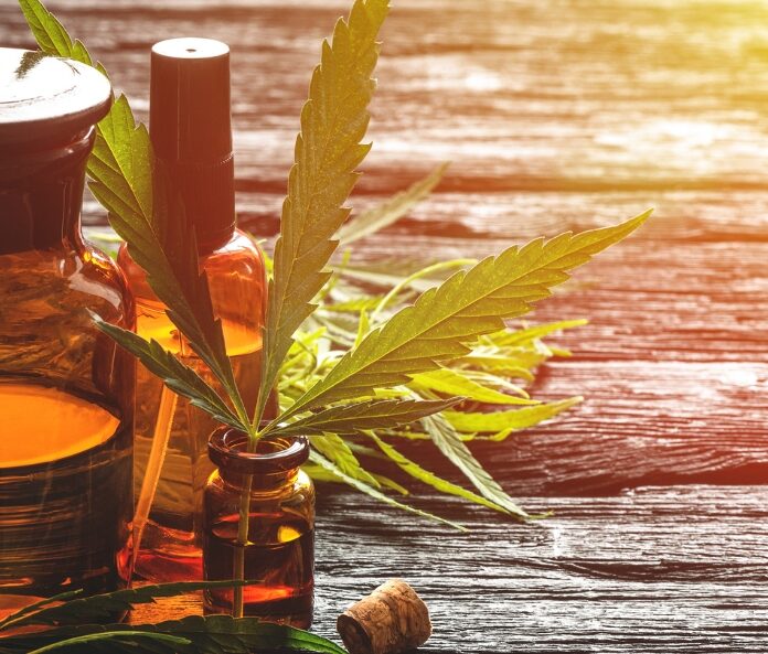 CBD oil and hemp leaves
