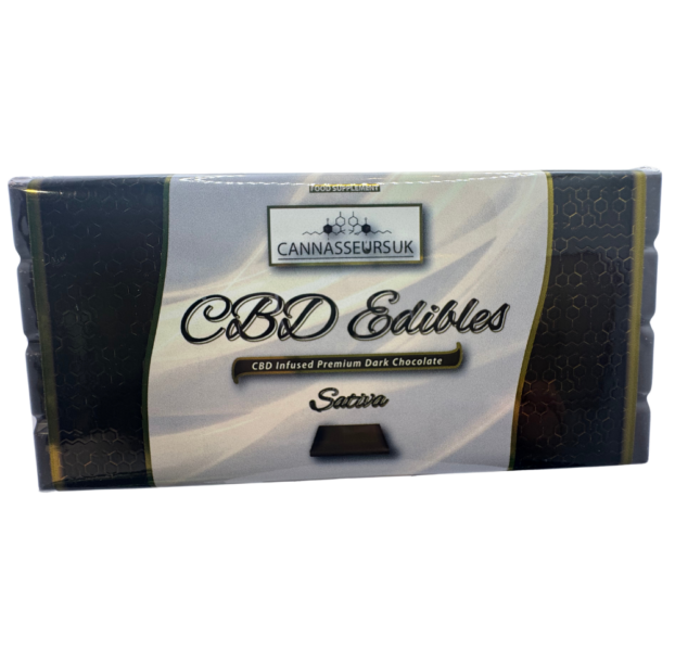 Belgian CBD Dark Chocolate Bar 100g – Sativa on white background