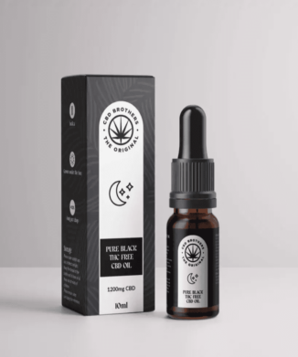 CBD Brothers Pure Black Edition CBD Oil – Indica bottle and packaging on grey background