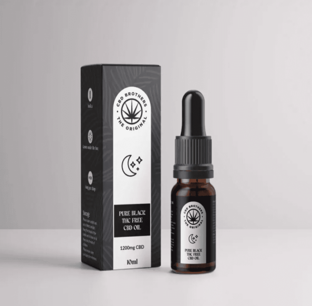 CBD Brothers Pure Black Edition CBD Oil – Indica bottle and packaging on grey background