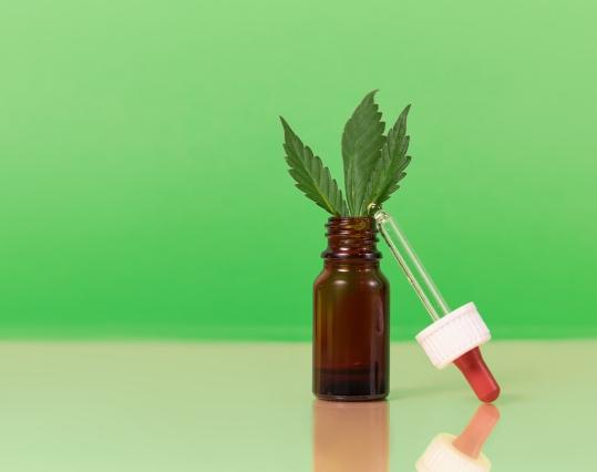 a hemp leaf in an open oil dropper bottle with a pipette leaning on it