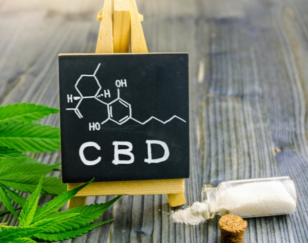 Crystallised CBD spilling out a small bottle next to a mini chalkboard with CBD molecular diagram