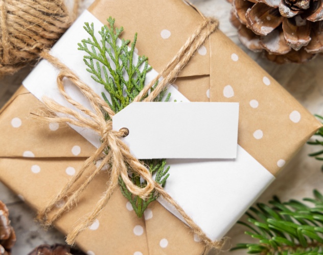 Christmas gift wrapped in brown spotty paper