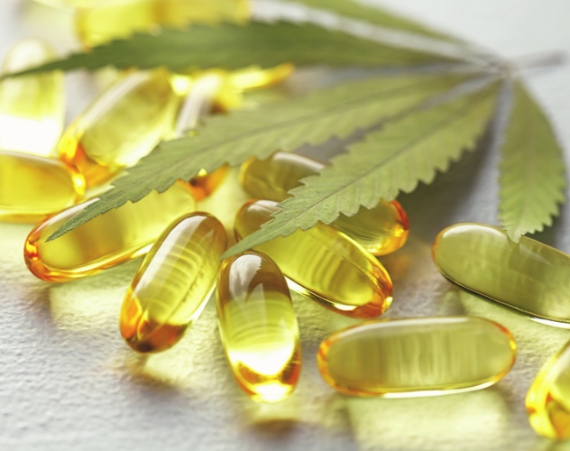 CBD oil capsules under hemp leaf