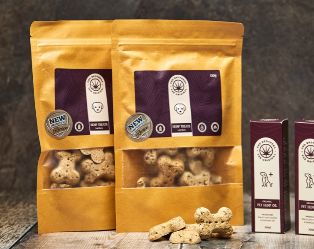 CBD pet treats and CBD pet oil in packaging
