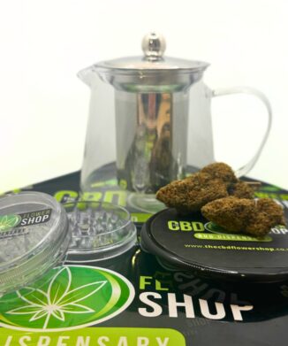 CBD tea flower teapot, grinder and buds starter kit