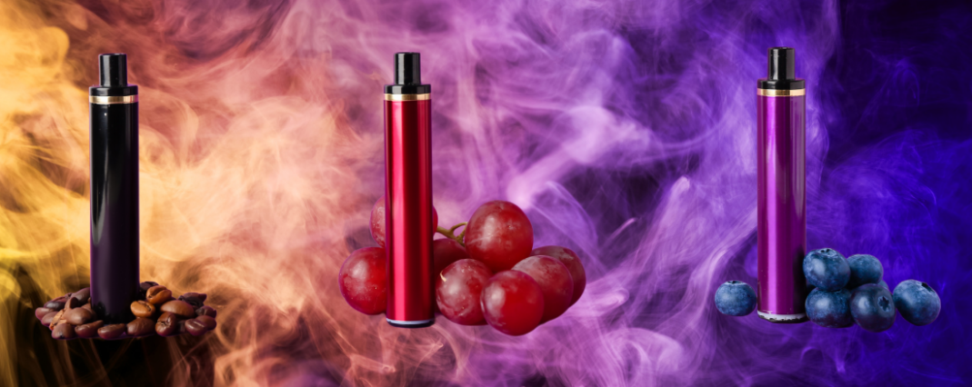 flavoured vapes in front of a purple and blue smoke