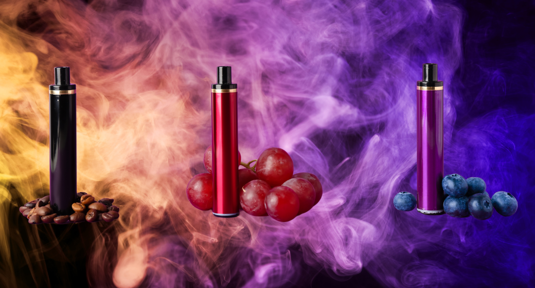 flavoured vapes in front of a purple and blue smoke