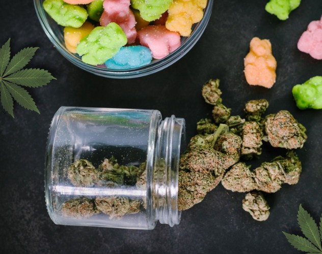 Pot of CBD flower buds and gummies on black background