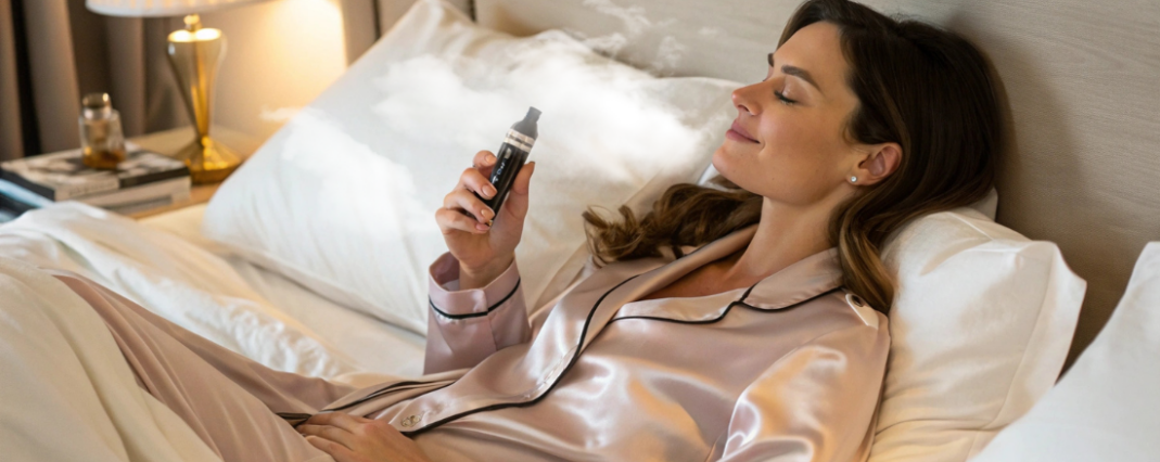 woman in bed relaxing and vaping