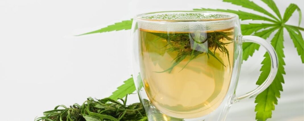 CBD flowers steeping in a cup of tea