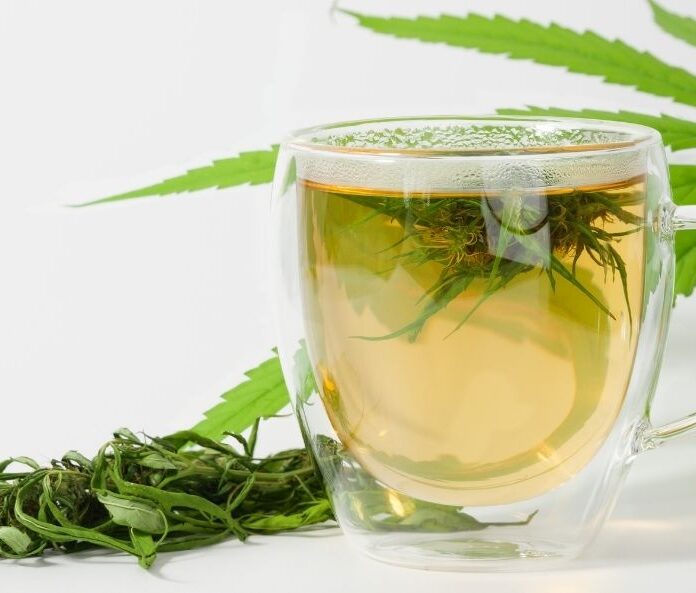 CBD flowers steeping in a cup of tea