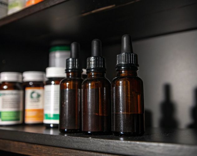 three oil dropper bottles in a cupboard