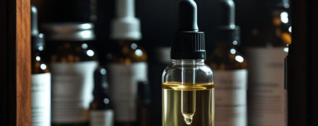 CBD oil bottle in dark cupboard with other products