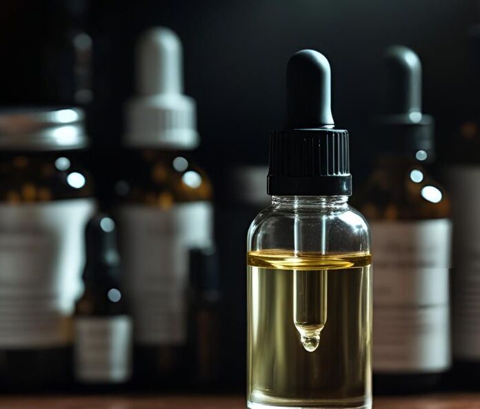 CBD oil bottle in dark cupboard with other products
