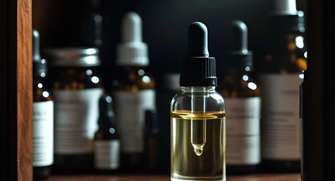 CBD oil bottle in dark cupboard with other products