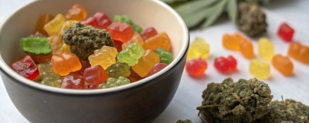 bowl of CBD gummies with cbd flower buds
