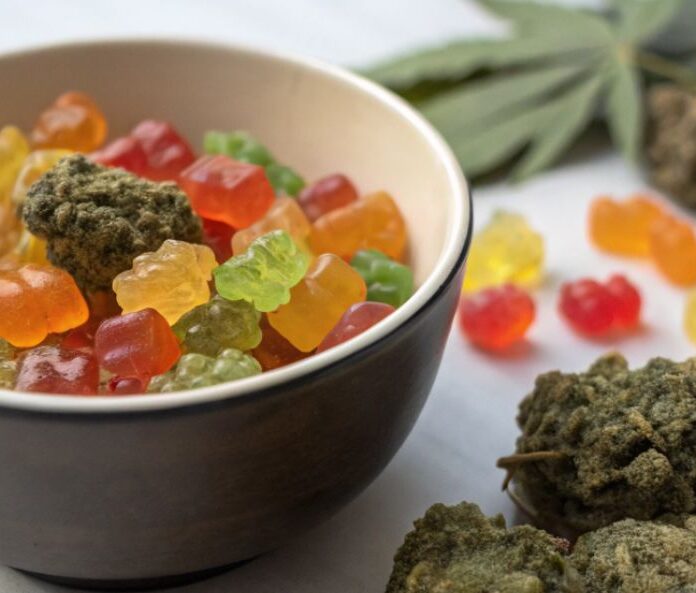bowl of CBD gummies with cbd flower buds