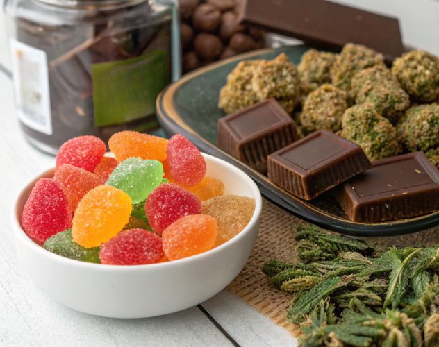 bowl of sweets and plate of cbd buds and chocolate
