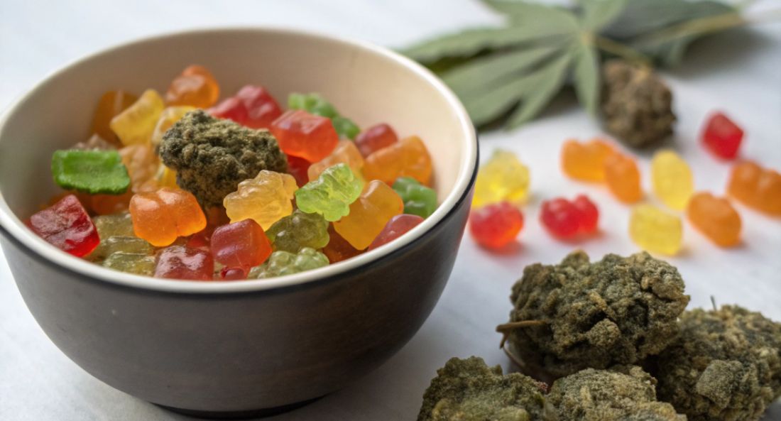 bowl of CBD gummies with cbd flower buds