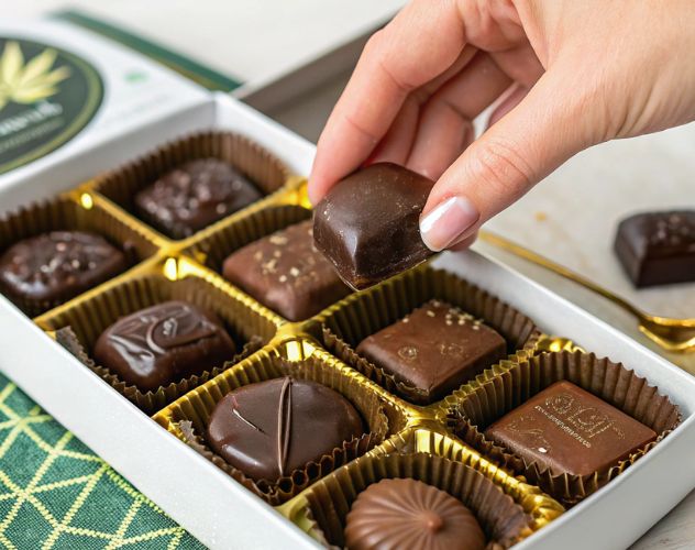 a hand picking up a piece of chocolate from a tray of cbd chocolates