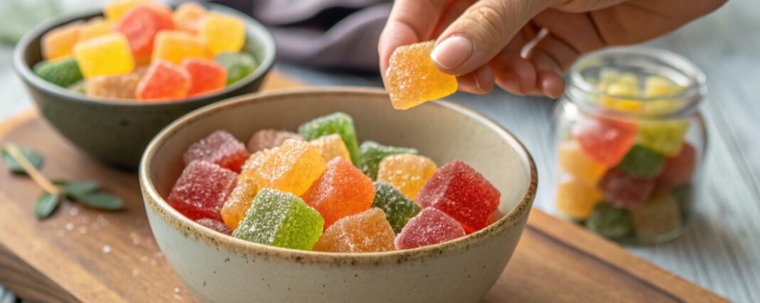 hand taking a sweet from a bowl of gummies