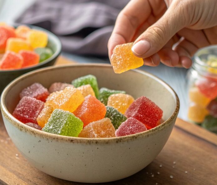 hand taking a sweet from a bowl of gummies