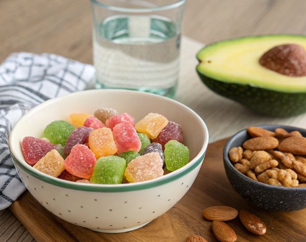 bowl of cbd gummies with a bowl of nuts, an avocado and glass of water