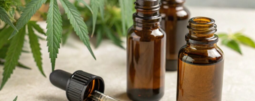 cbd oil bottles with hemp plants in the background