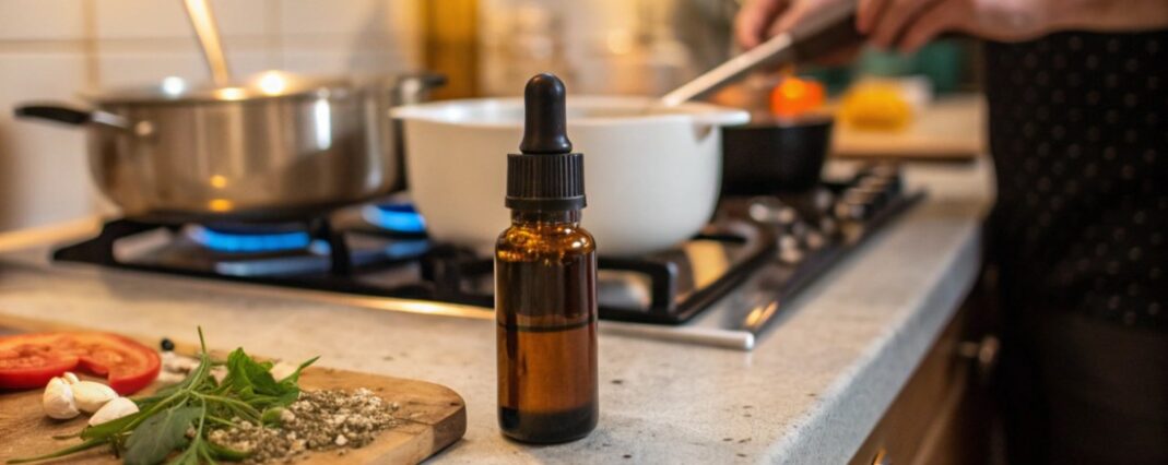 cbd oil dropper bottle on kitchen counter next to chopping board whilst someone is cooking on the hob in the background