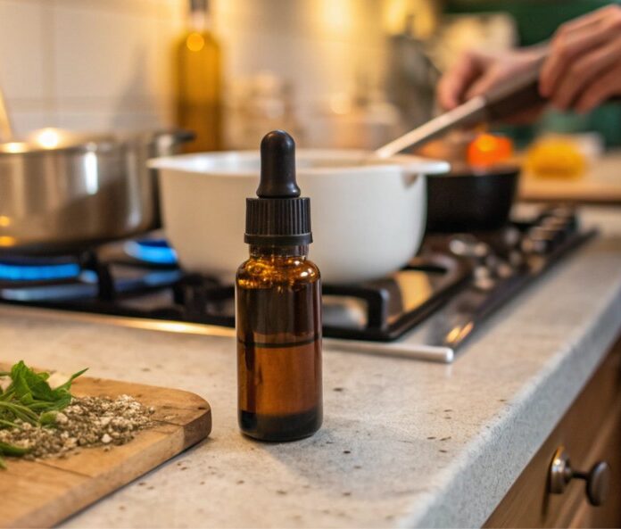 cbd oil dropper bottle on kitchen counter next to chopping board whilst someone is cooking on the hob in the background
