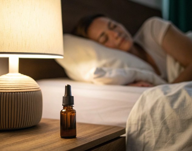 Bottle of cbd oil on a bedside table with a woman sleeping in the background