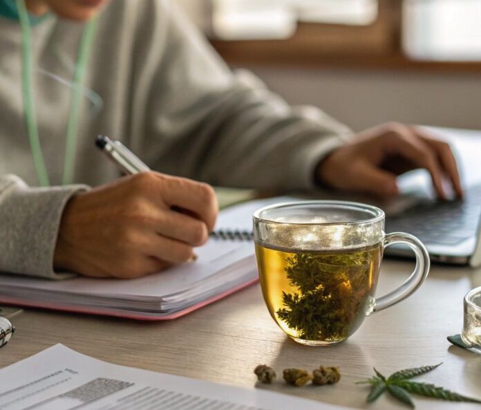 person working with a cup of cbd flower tea on their desk