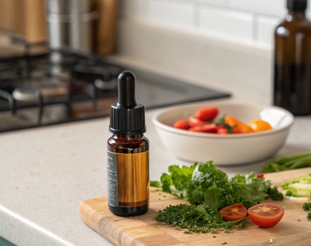 cbd oil on kitchen counter with chopping board of salad ingredients
