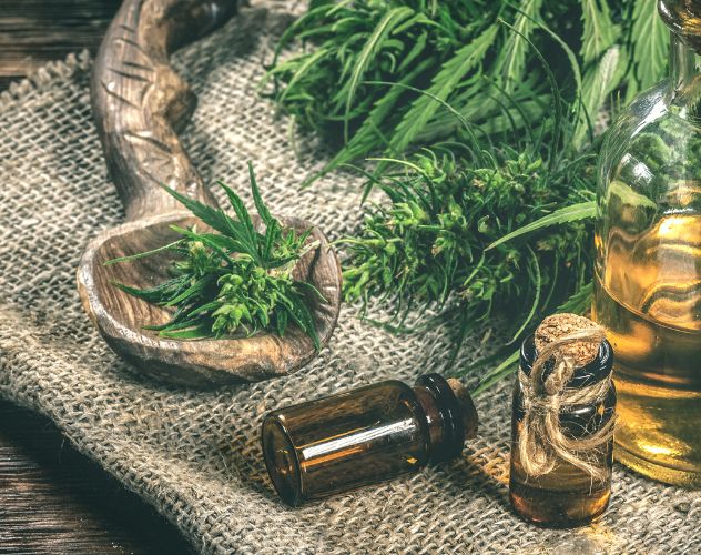 CBD oil and hemp plant on hessian bag