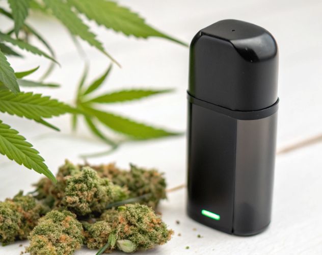 black vape pod next to a small pile of cbd flower buds 