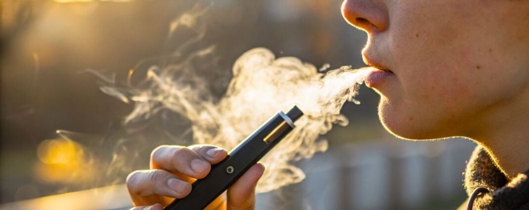 side profile of a boy holding a vape with smoke coming out of his mouth