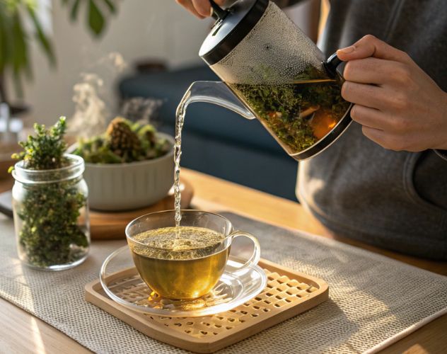 person pouring brewed cbd flower tea into a mug