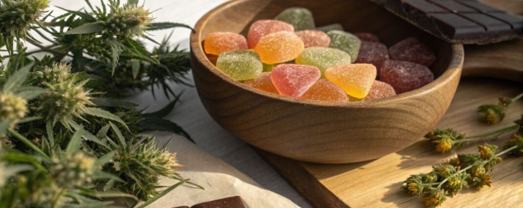 a bowl of cbd gummies and pieces of chocolate on a wooden board with hemp flower buds